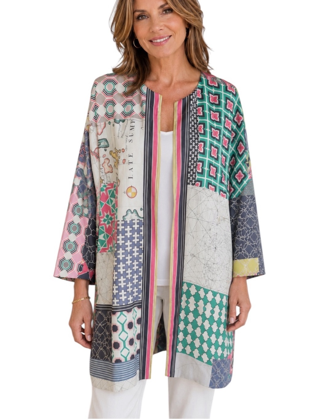 Anthropologie Vilagallo Pastel Patchwork Mixed Print Open Front Kimono Jacket  L
